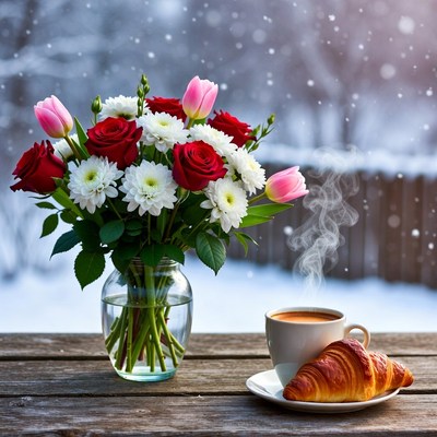 Coffee and flowers in winter