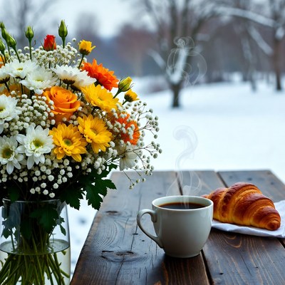 Coffee and flowers on cold morning