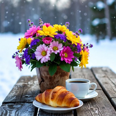 Winter breakfast with flowers and croissant