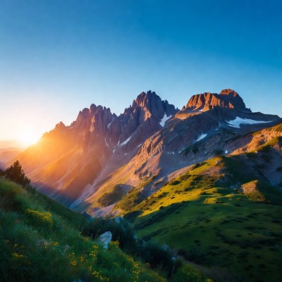 Mountain sunset over green hills