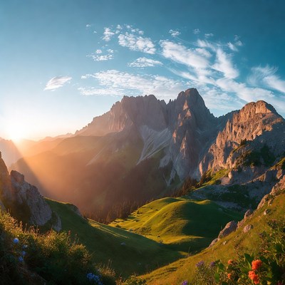 Mountains and sun at sunrise in italy