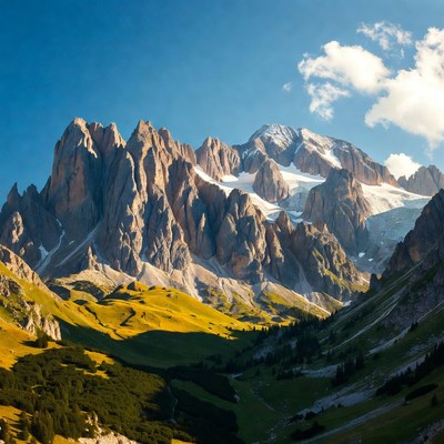 Mountains with snow and grassland