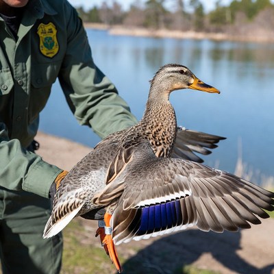 Duck being handled by park ranger