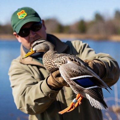 Man holds duck by the lake