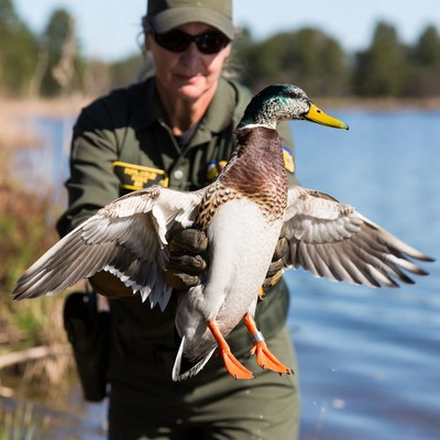 Woman releases duck by water
