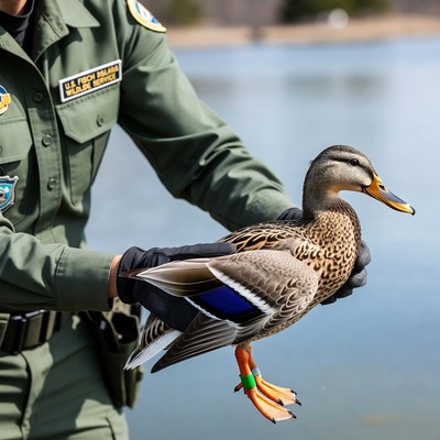 Duck being held by wildlife officer