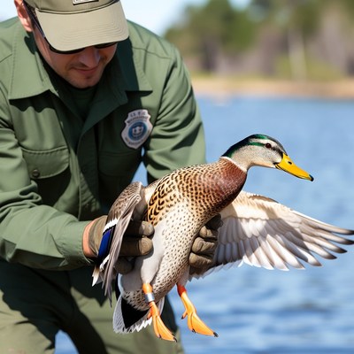 Man holds duck by the water
