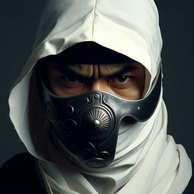 Masked figure with intense gaze outdoors