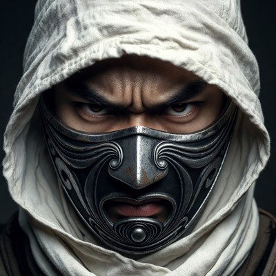 Hooded figure with mask in dark setting