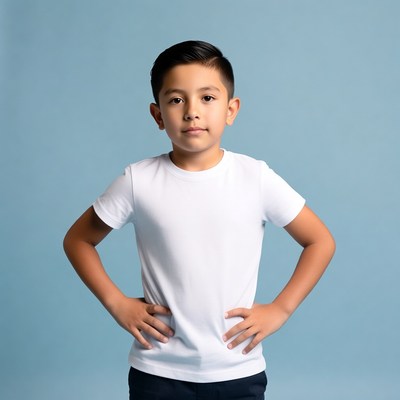 Young boy poses against blue backdrop