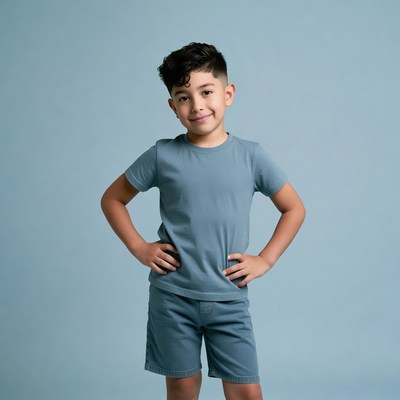 Boy poses in studio with blue background