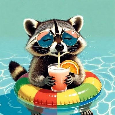 Raccoon enjoys drink in pool