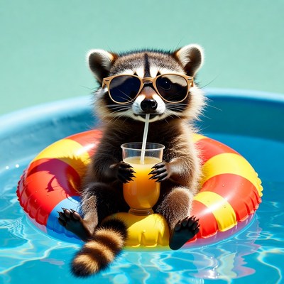Raccoon enjoying drink in pool