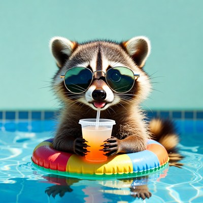 Raccoon enjoys drink in pool