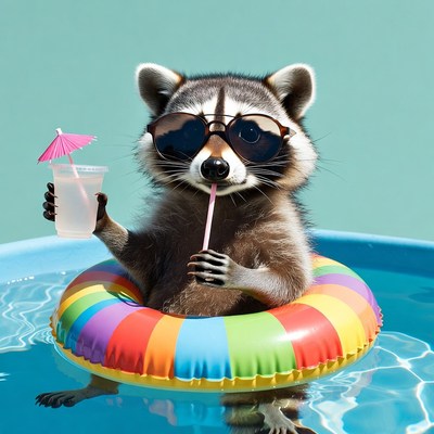 Raccoon enjoying summer pool fun