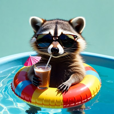 Raccoon in pool with drink