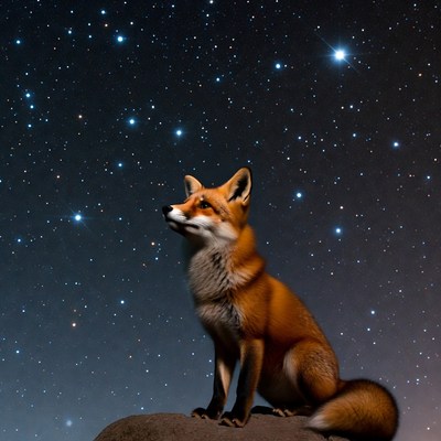 Fox sitting under starry sky