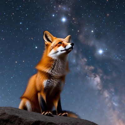 Fox sitting under a starry sky