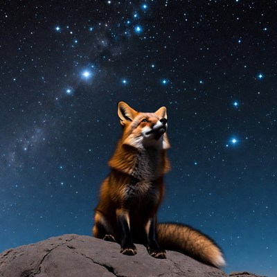 Fox sits under a starry sky