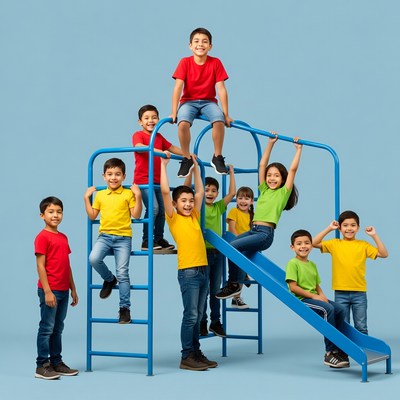 Kids play on playground equipment in bright colors