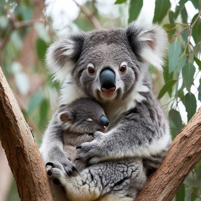 Koala mother and baby in tree
