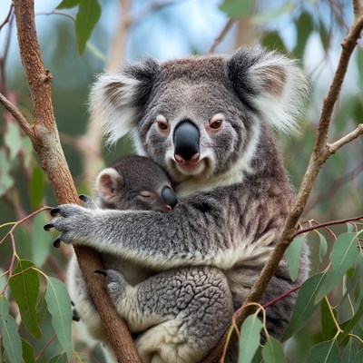 Koala with baby in tree