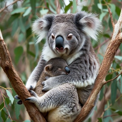 Koala mother holds her baby in a tree