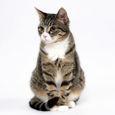 Striped cat sits on white background