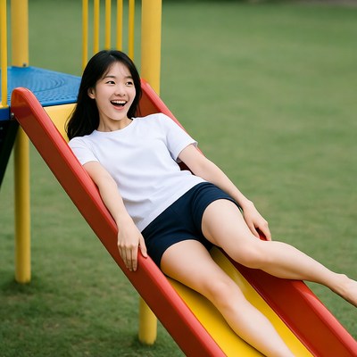 Woman sliding down playground slide