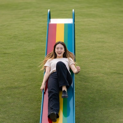 Girl slides down colorful slide