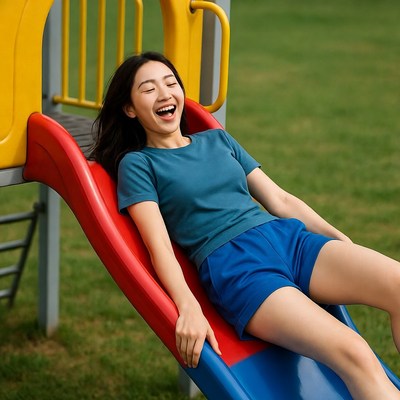 Girl plays on slide in park
