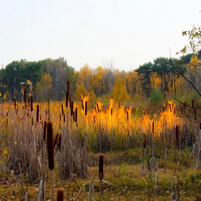 Cattails burn in autumn sun