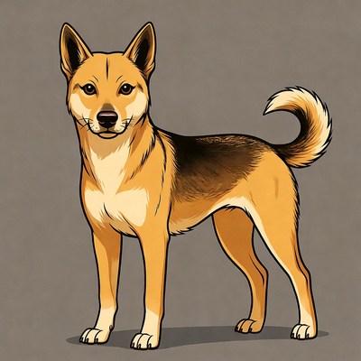 Dog stands on grey background