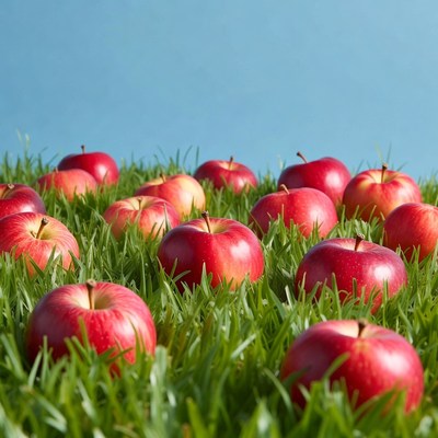 Apples scattered on grass field
