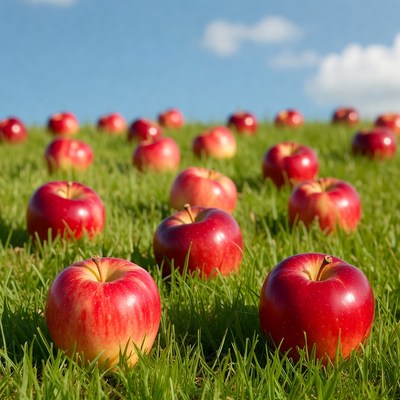 Red apples on green grass field