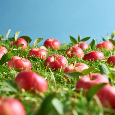 Fresh apples scattered on grass