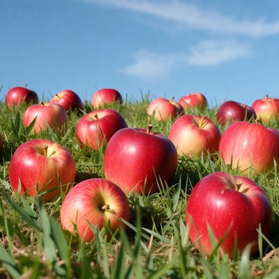 Fresh apples on grassy field