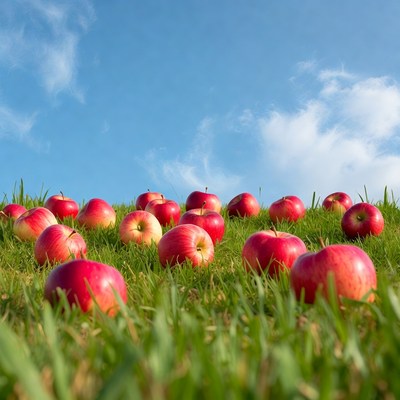 Fresh apples scattered on grass