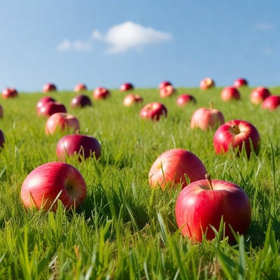 Apples scattered on green grass