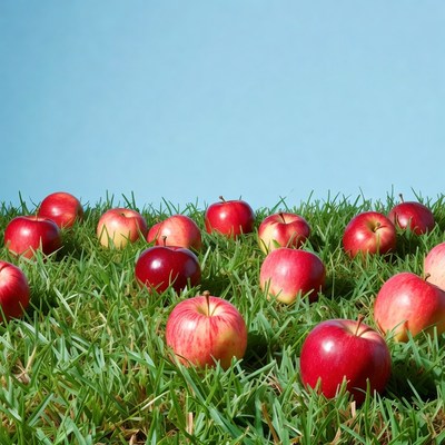 Apples scattered on green grass
