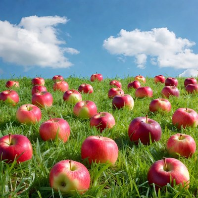 Apples scattered in green field
