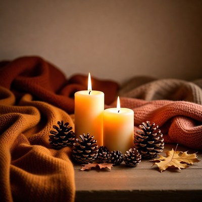 Candles and pinecones on a table