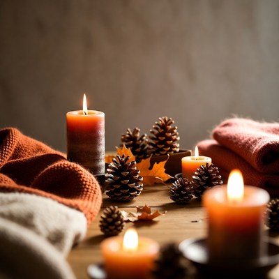 Candles and pinecones on table