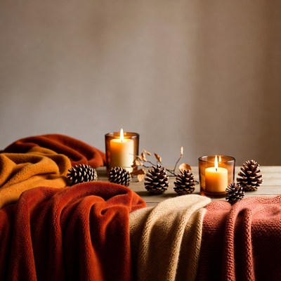 Candles and pinecones on table