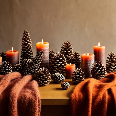 Warm candles and pinecones on a table