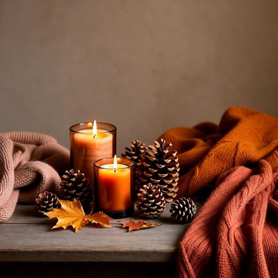 Cozy setting with candles and pinecones