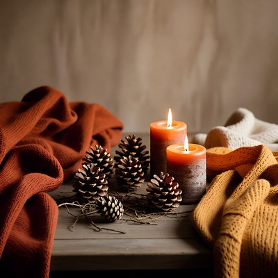 Pinecones and candles on a table