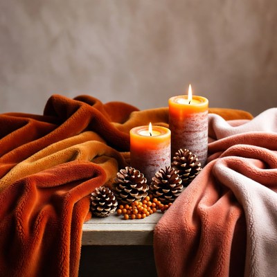Candles and pinecones on a table