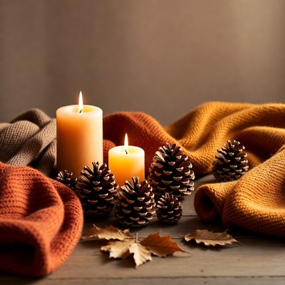 Candles and pinecones on a table