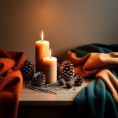 Candles and pinecones on table